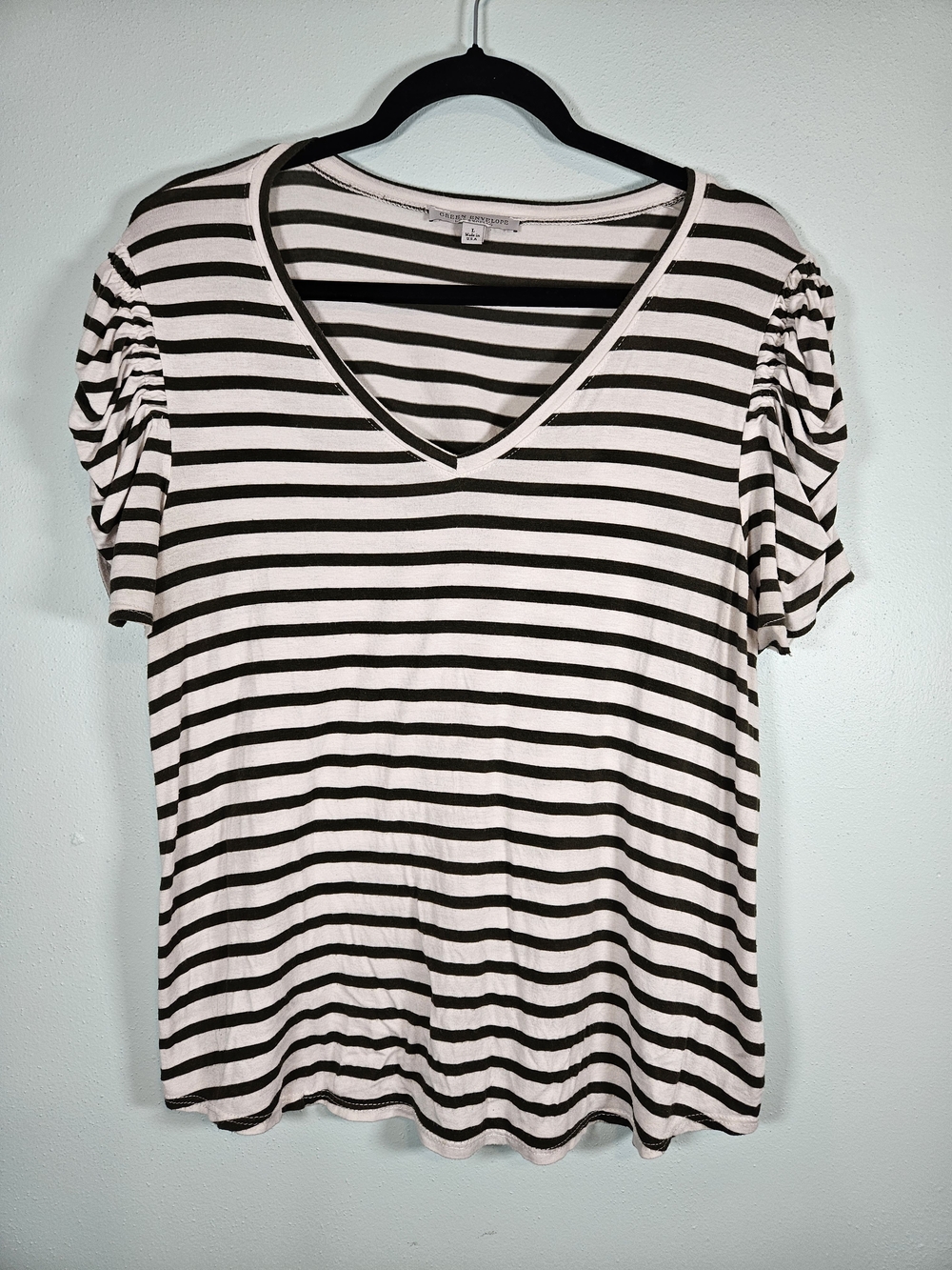 Striped V-Neck Short Sleeve Top - Green & Cream
